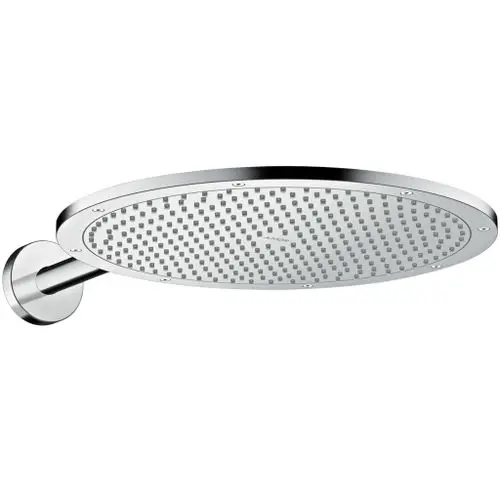 Kopfbrause mit runder, flacher Oberfläche und mehreren Düsen, montiert an einem Brausearm. Aus Edelstahl, gefertigt von AXOR.